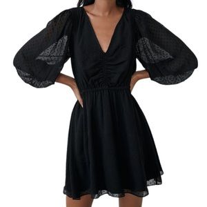 Zara Black Swiss Dot Dress With Balloon Sleeve